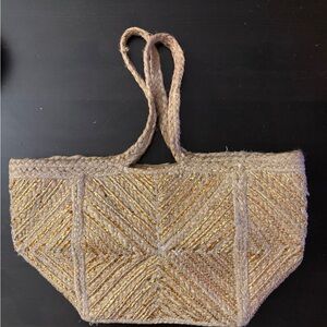 Geometric Patterned Woven Tote Bag – Beige & Gold Metallic